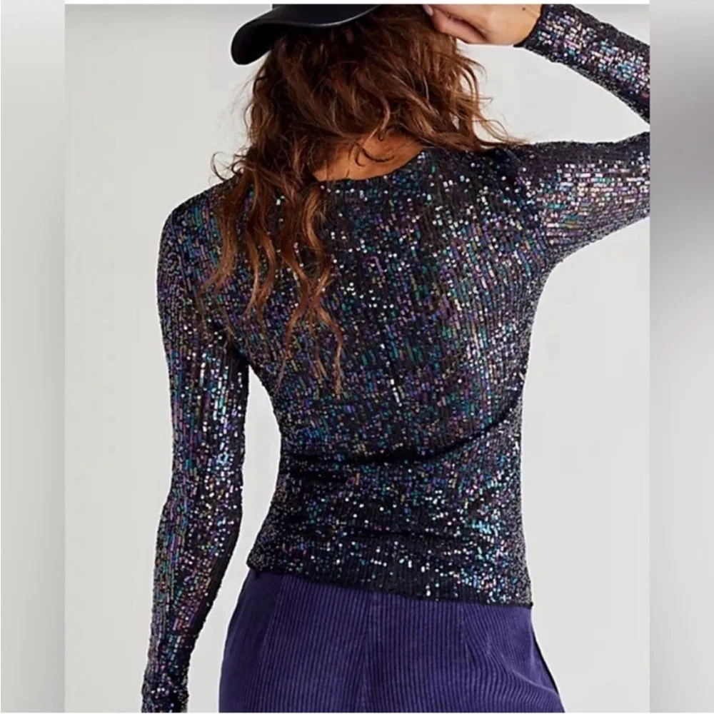 Intimately Free People Gold Rush Sequin Black Long Sleeve Tee Multi‎ Colored
